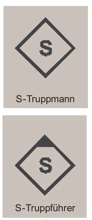 Taktische Zeichen des Schlauchtrupps: S-Truppmann (Raute mit S) und S-Truppführer (Raute mit S und schwarzem Dreieck)