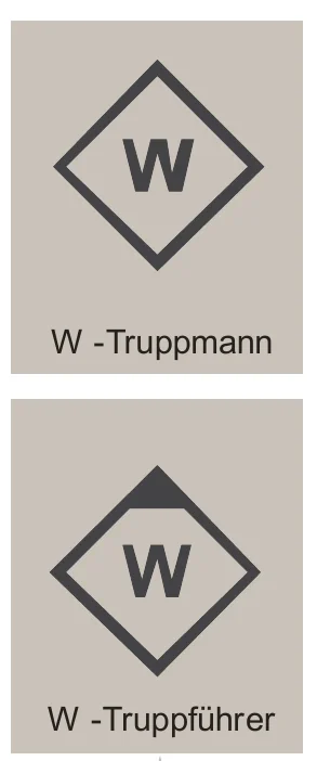 Taktische Zeichen des Wassertrupps: W-Truppmann (Raute mit W) und W-Truppführer (Raute mit W und schwarzem Dreieck)