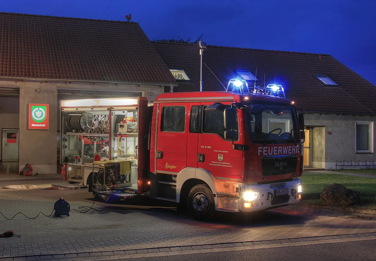 Tragkraftspritzenfahrzeug mit Wasser bei Dämmerung, Geräteraum geöffnet