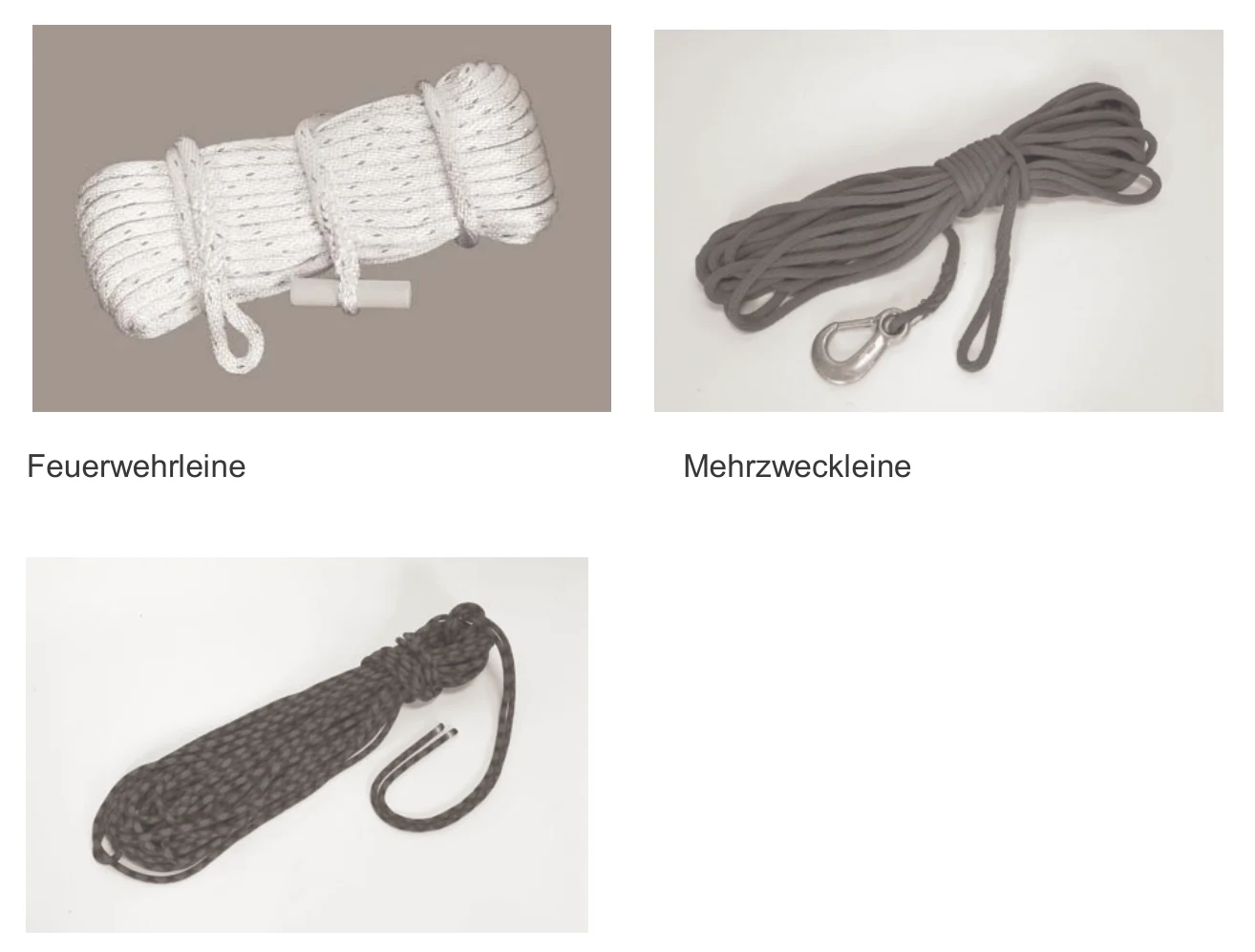 Feuerwehrleine, Mehrzweckleine und Kernmantel-Dynamikseil nebeneinander